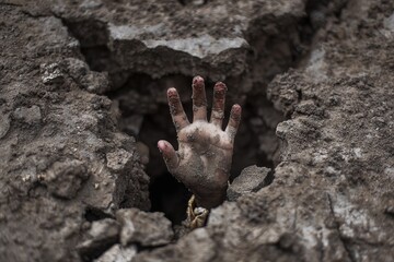 Girlâ€™s small hand waving from a deep crack in the rubble, dirt-covered fingernails, symbolic of survival and silent plea for help symbolic composition, macro detail, documentary photography style