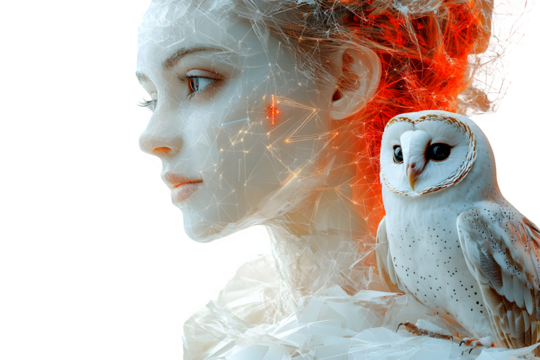 Quantum Athena: Goddess of AI holding a neural net aegis, holographic owl perched on her polygonal shoulder, digital pantheon series isolated on white background
