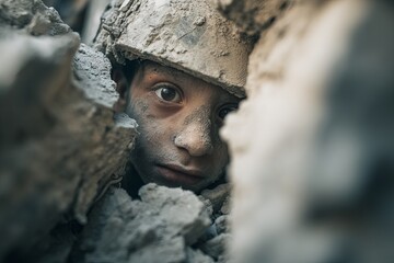 Injured child stuck between two collapsed concrete slabs, face half-covered in dust, one eye open, waiting for rescue, chaos around realistic war photo, 