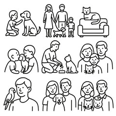 Outline Style Pet Icons. Outline style icons of Pets in Family: child with dog, family walking pet, cat on couch, pet feeding time