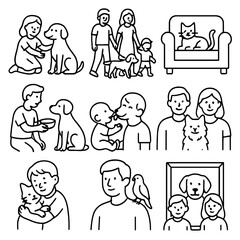 Naklejka premium Outline Style Pet Icons. Outline style icons of Pets in Family: child with dog, family walking pet, cat on couch, pet feeding time