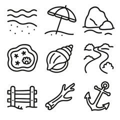 Outline Beach Icons. Outline style icons of Beach and Shoreline: sand and waves, beach umbrella, shoreline rock, tide pool,