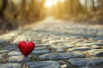Fototapeta premium Red heart placed on cobblestone path leading to forest at sunset, symbolizing love, journey, and new beginnings