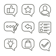 Feedback Icons Set. Outline style icons of Feedback and Review Bubbles: thumbs up chat, review star icon, customer comment bubble,