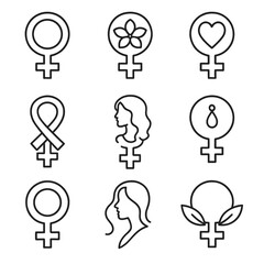 Stylized Female Icons. Outline style icons of Stylized Female Icons: female symbol with soft curves, flower-themed Venus icon,