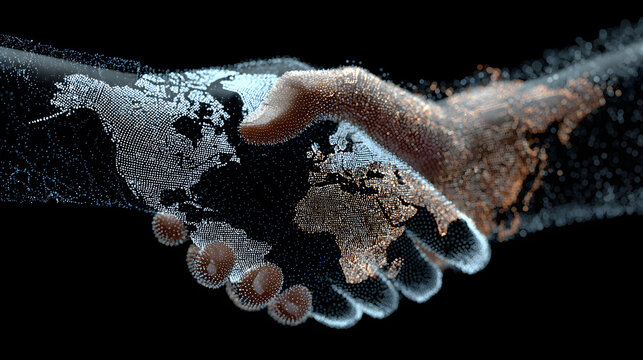 A digital handshake depicting a world map formed by particles on a black background design art