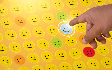 Niche marketing and customer satisfaction survey. Market research and segmentation strategy. Positive thinking. World mental health day concept. Marketer touching customer best review face icon