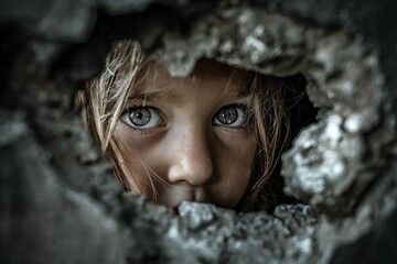 Little girl looking through a broken ventilation hole,