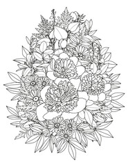 Abstract floral background. Bouquet of peonies and daisies. Coloring page.