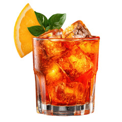 Refreshing aperol spritz cocktail garnished with orange slice and fresh basil leaves