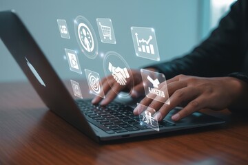 Modern Businessman Using Laptop with Digital Marketing Icons