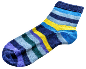 Colorful striped sock blue yellow green purple cozy warm soft knitted isolated on transparency background cheerful accessory for winter comfort