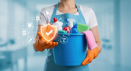 Cleaning lady holding bucket with supplies, digital shield, home