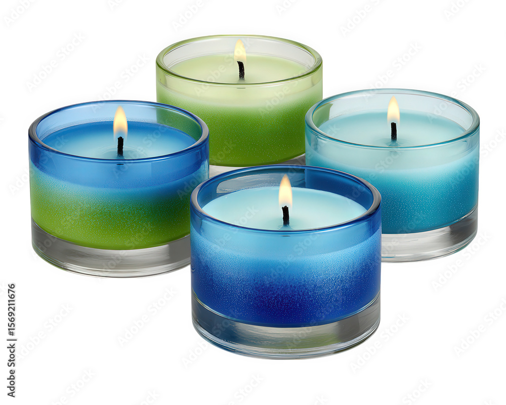 Poster colorful scented candles in glass containers with blue and green gradient design, burning with soft 