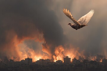 Peace dove flying above burning Gaza skyline, contrast between hope and destruction symbolic photo, surreal realism, ultra-detailed 