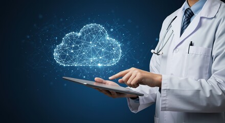 Doctor using digital tablet with cloud computing network connect