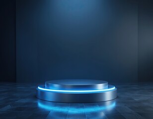 Futuristic dark metallic podium with glowing blue neon light in empty studio space, perfect for tech product display, virtual stage mockup, digital background, or modern cyber showcase design