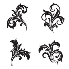 Four elegant black and white floral swirl design elements for decorative purposes