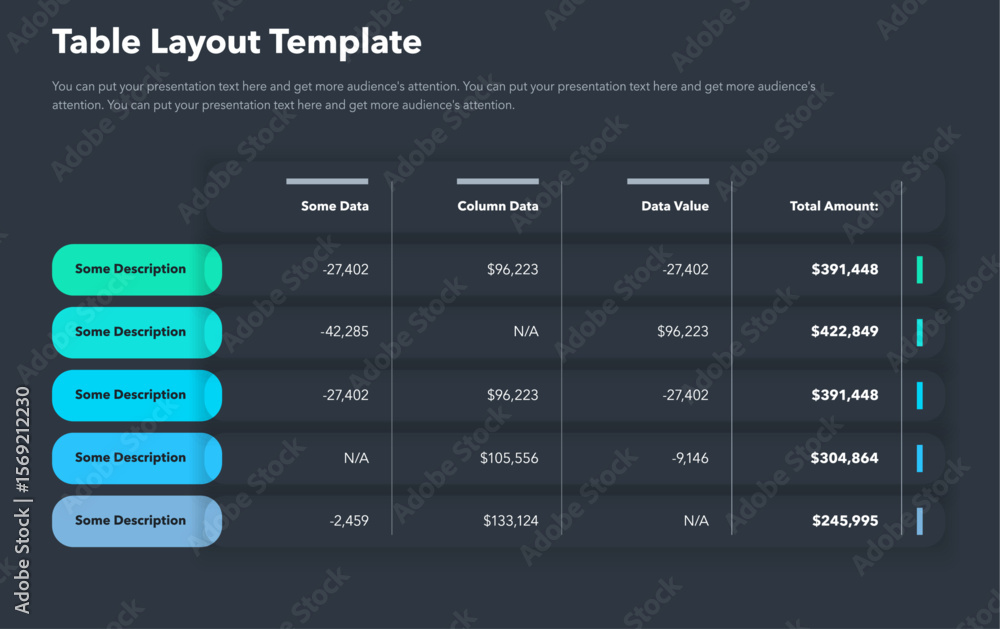 Aufkleber table layout template with five options and a total amount column - dark version. simple flat templa