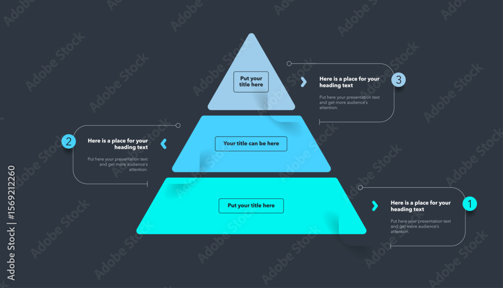 Poster triangle pyramid chart template with three colorful stages - dark version. infographic diagram divid