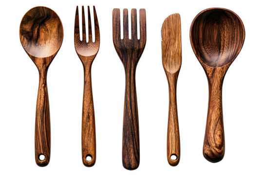 Realistic wooden cooking utensils set including spoon fork and spatula isolated on white background