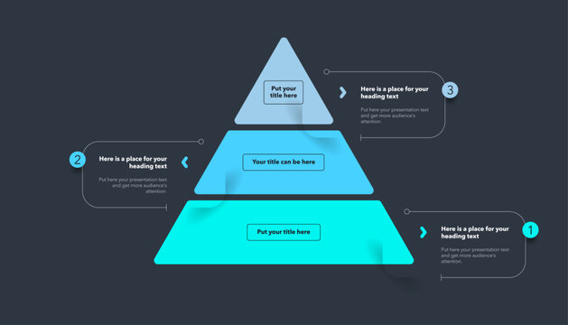 Triangle pyramid chart template with three colorful stages - dark version. Infographic diagram divided into three options with numbers.
