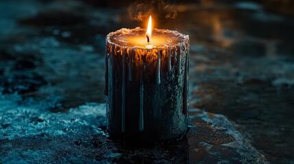 Wax drips on textured candle base with moody lighting.