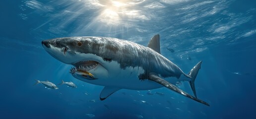 Fototapeta premium Great White Shark Swimming Among School of Fish Under Sunlit Ocean Waters