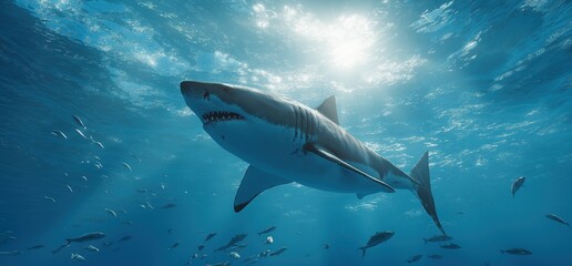 Fototapeta premium Great White Shark Swimming Among School of Fish Under Sunlit Ocean Waters