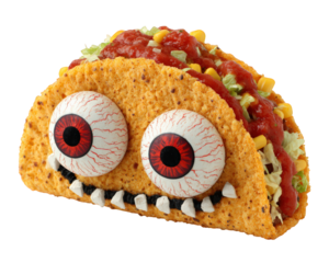 Spooky taco with eyeball topping crunchy shell lettuce corn salsa cheese isolated on white creative food art fun and scary expression