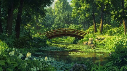 Quiet park with small bridge over a stream.