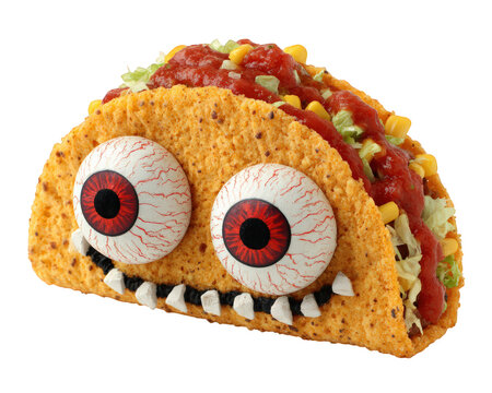 Spooky taco with eyeball topping crunchy shell lettuce corn salsa cheese isolated on white creative food art fun and scary expression - Powered by Adobe