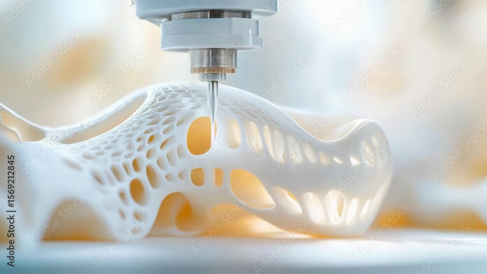 Poster intricate 3d printing process showcasing complex white geometric structure with fluid patterns
