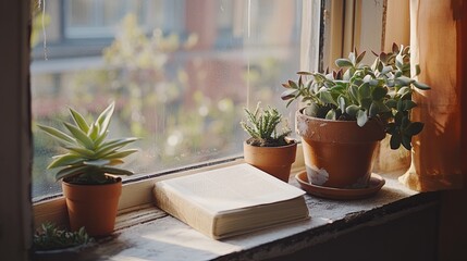 dusty windowsill with potted succulents and a book.