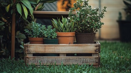 wooden crate with potted plants in the backyard.