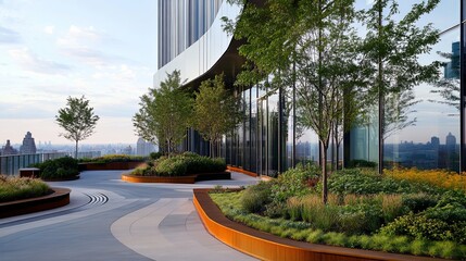Sky garden terrace, organic layout, small trees in planters.