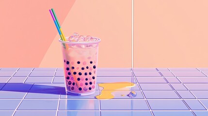 Bubble tea with colorful straws on tiled caf table.