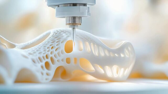 Intricate 3d printing process showcasing complex white geometric structure with fluid patterns