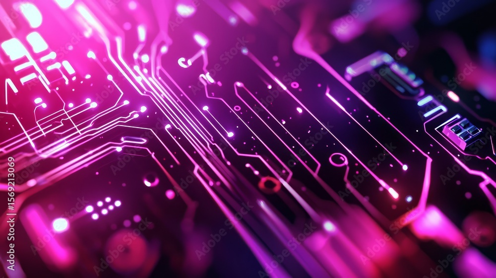 Poster unique and modern interpretation of circuit patterns in pink and purple.