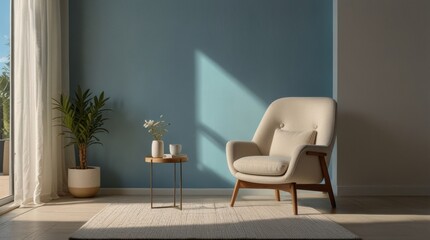 Serene interior features a comfortable armchair bathed in sunlight, alongside a potted plant and simple side table