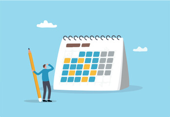 Calendar schedule, event or meeting reminder, date time planning, work deadline or appointment, due date organizer weekly review concept, businessman hold pencil thinking with calendar schedule plan