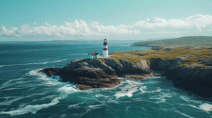 Isolated lighthouse on a rocky coastline with turbulent seas.