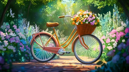 bicycle with a basket filled with flowers in the front.