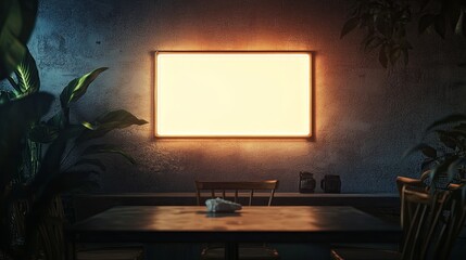 Neon frame glowing on dark wall with empty space..