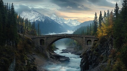 scenic bridge over a river surrounded by mountains and trees.