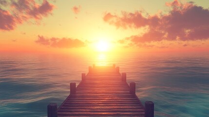 pier leading into the ocean with a glowing sunset.