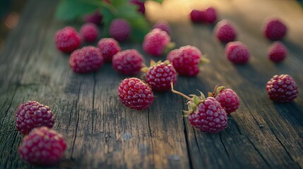 fresh organic berries on a wooden table.