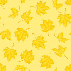 Autumn background with yellow maple leaves. Botanical seamless pattern. Vector cartoon illustration of nature.