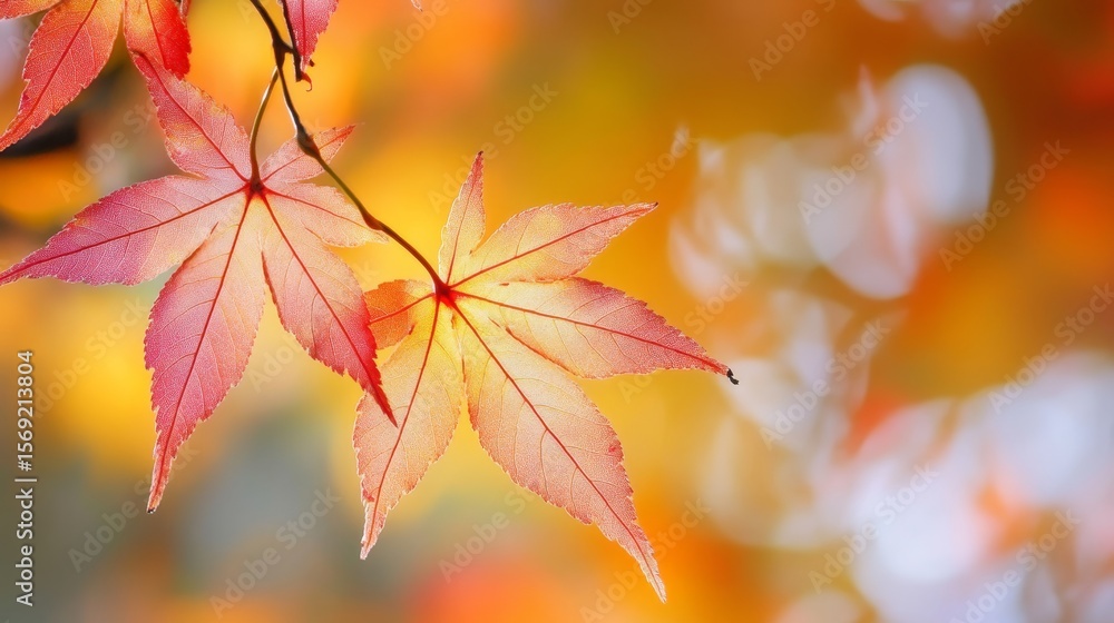 Poster vibrant close-up of autumn maple leaves with delicate veins against a soft bokeh background