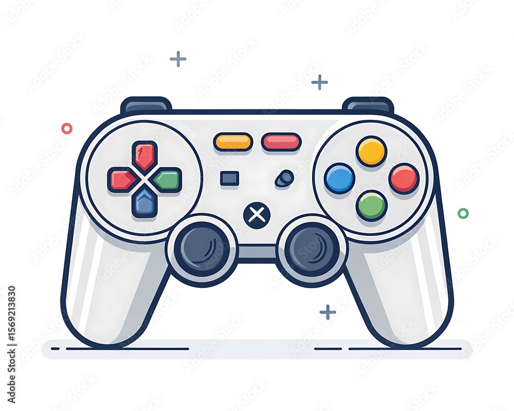 Poster illustration of a white game controller with colorful buttons on a white background design element